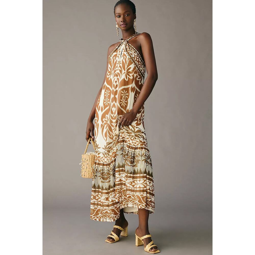 Anthropologie Vineet Bahl Women's Printed Halter Dress Twist Halter Neck Maxi M‎